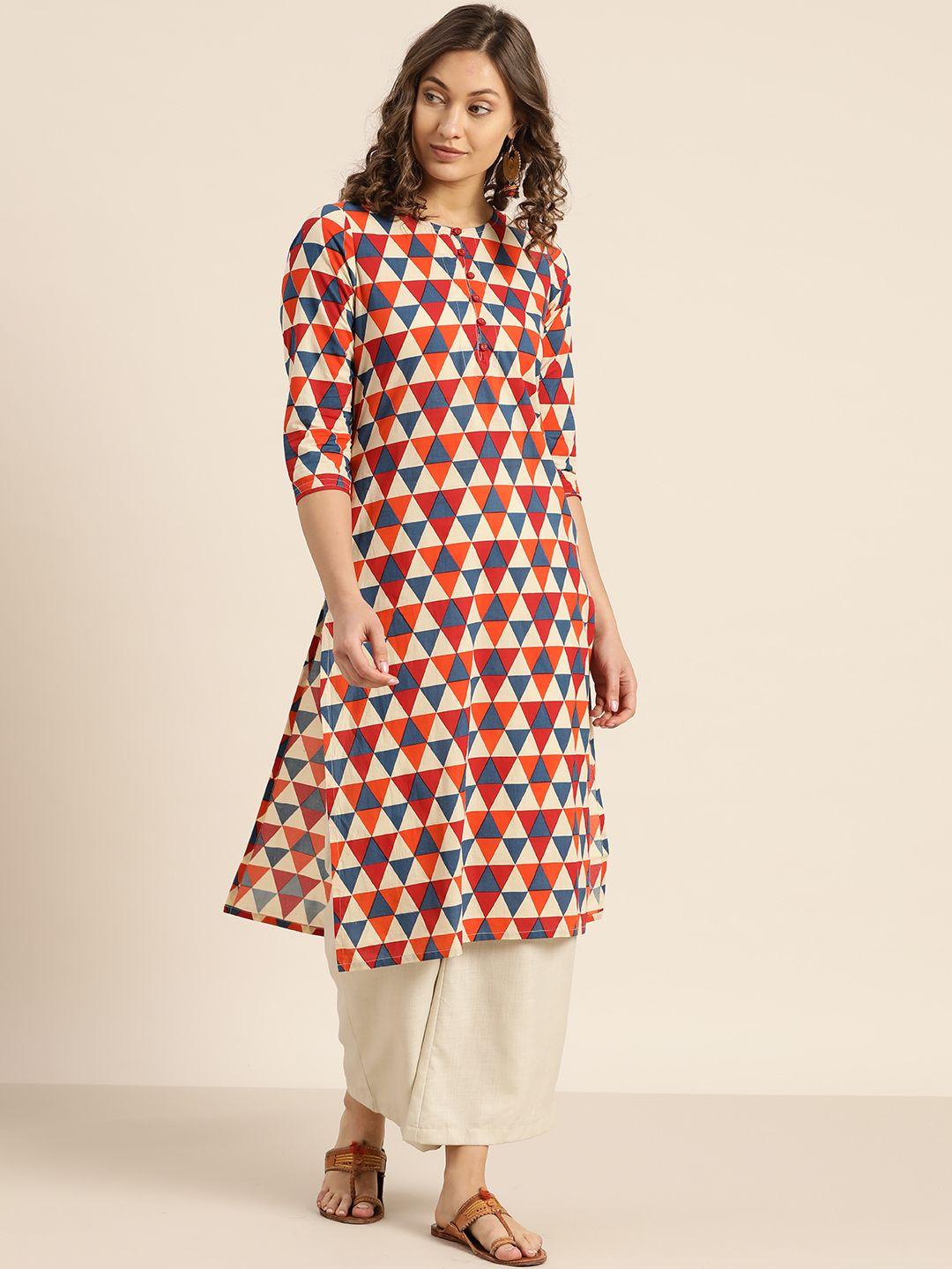 sangria women beige & orange printed straight kurta