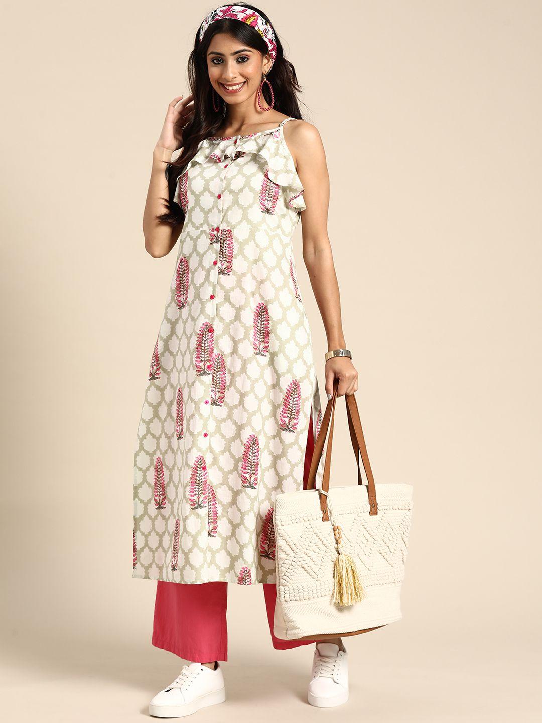 sangria women beige & white ethnic motifs printed pure cotton kurta