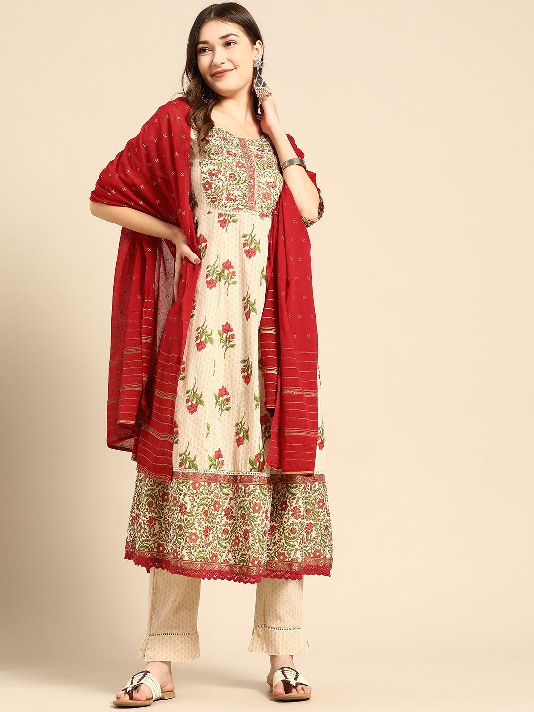 sangria women beige ethnic motifs printed pure cotton kurta with trousers & with dupatta
