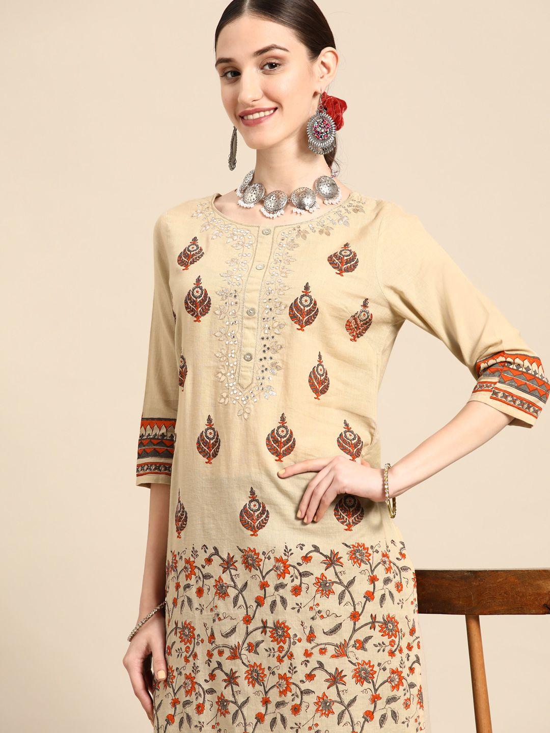 sangria women beige floral embroidered mirror work kurta