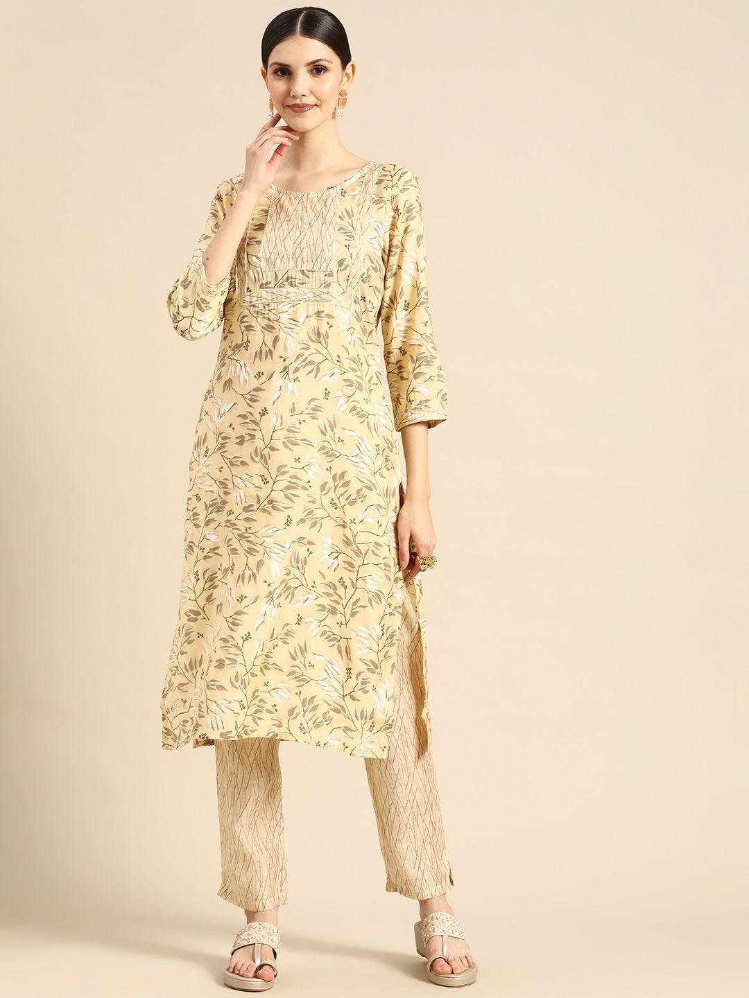 sangria women beige floral printed gotta patti kurta with trousers