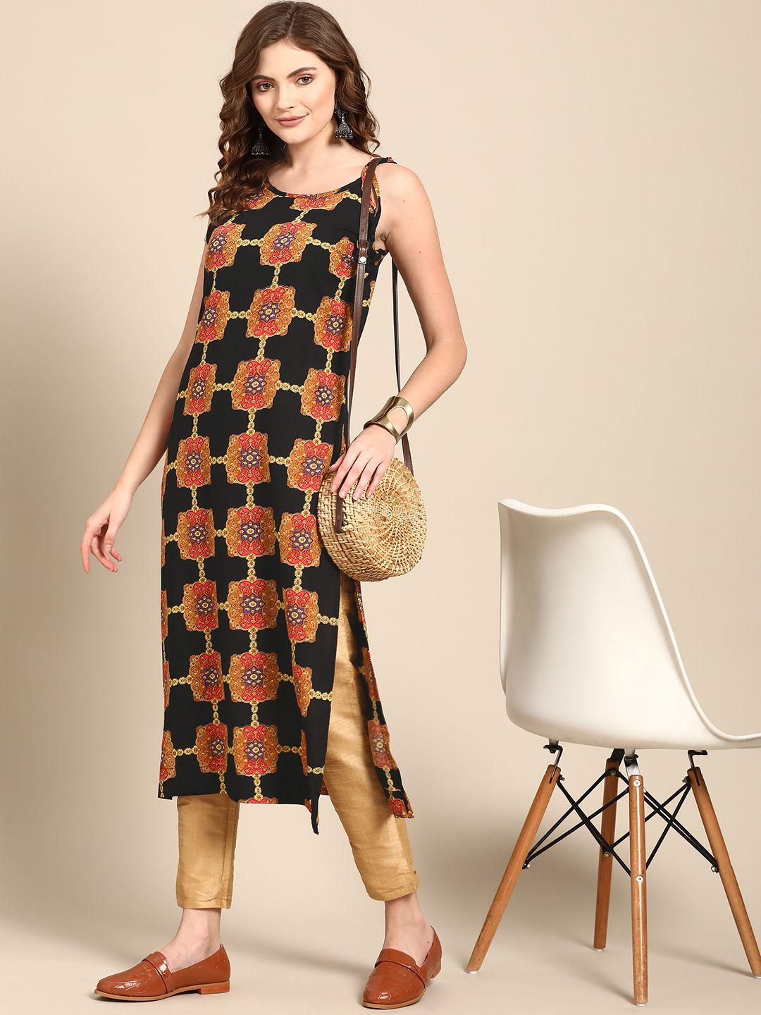 sangria women black & beige ethnic motifs printed kurta