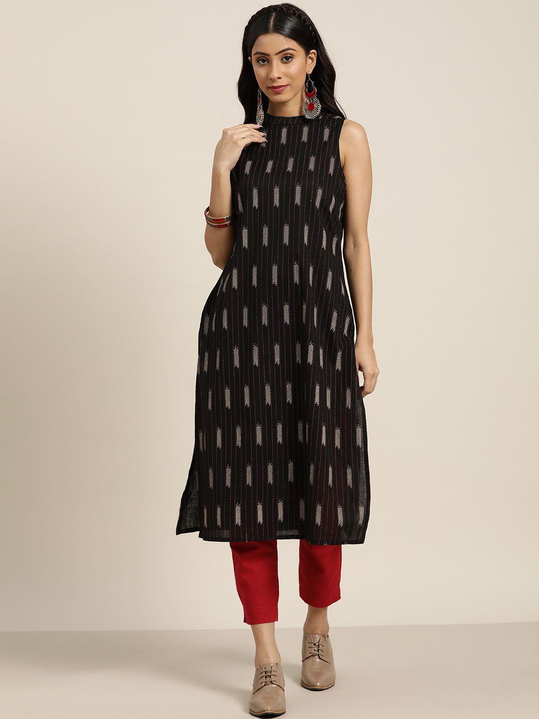 sangria women black & beige pure cotton geometric printed kurta