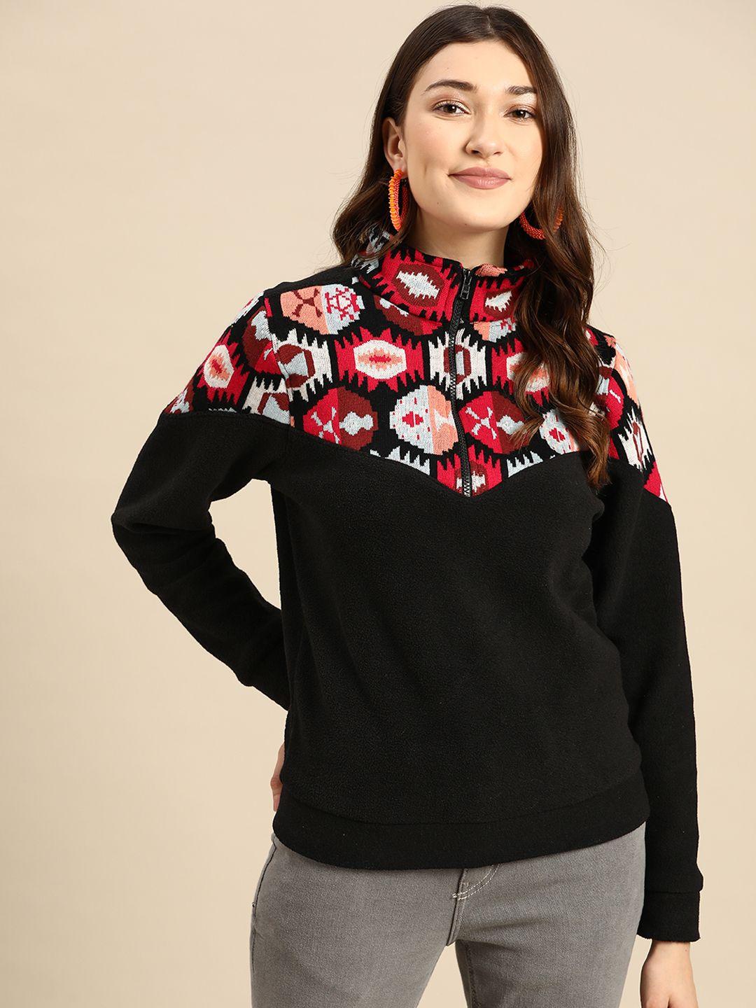 sangria women black & fuchsia printed sweatshirt