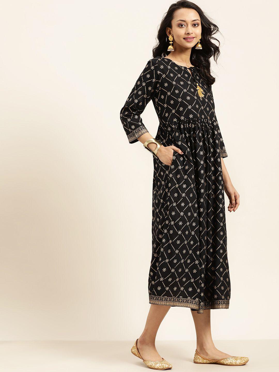 sangria women black & golden printed tie-up neck a-line dress