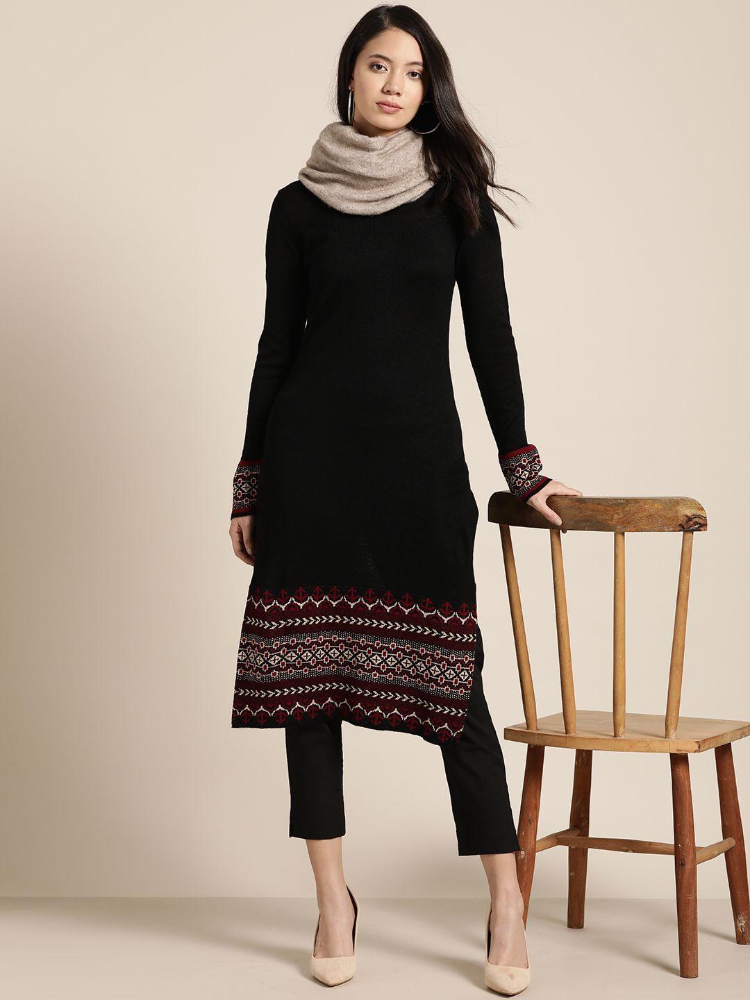 sangria women black & maroon geometric self design straight winter kurta