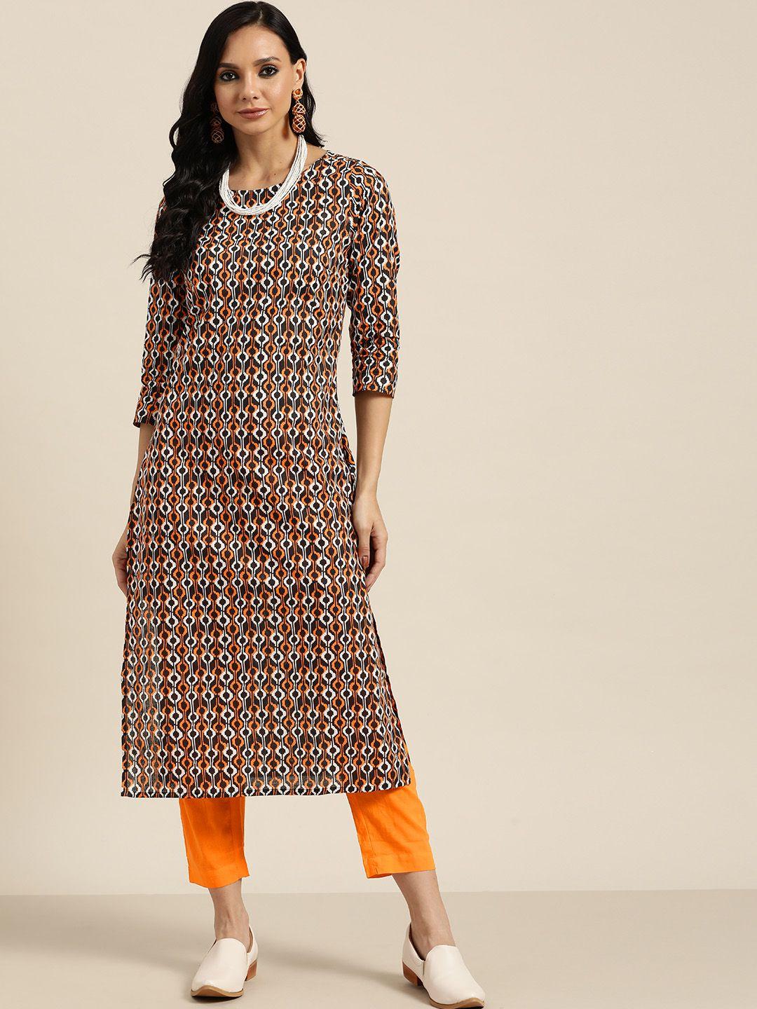 sangria women black & orange printed regular pure cotton kurta with trousers