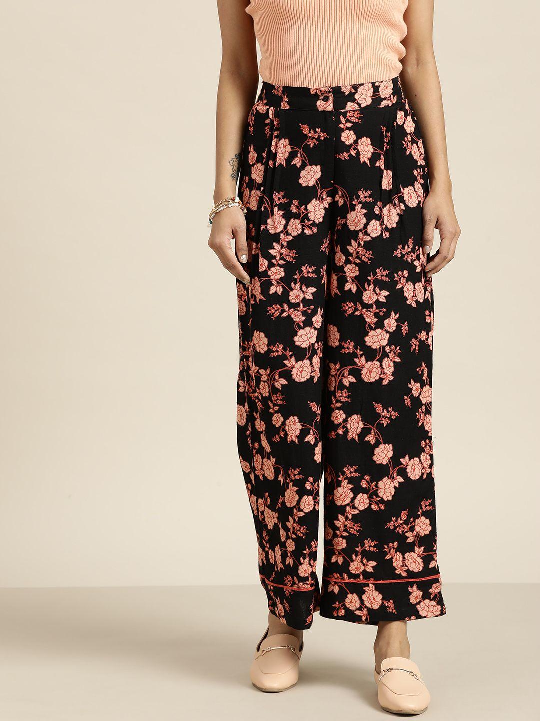 sangria women black & peach-coloured floral printed ethnic palazzos