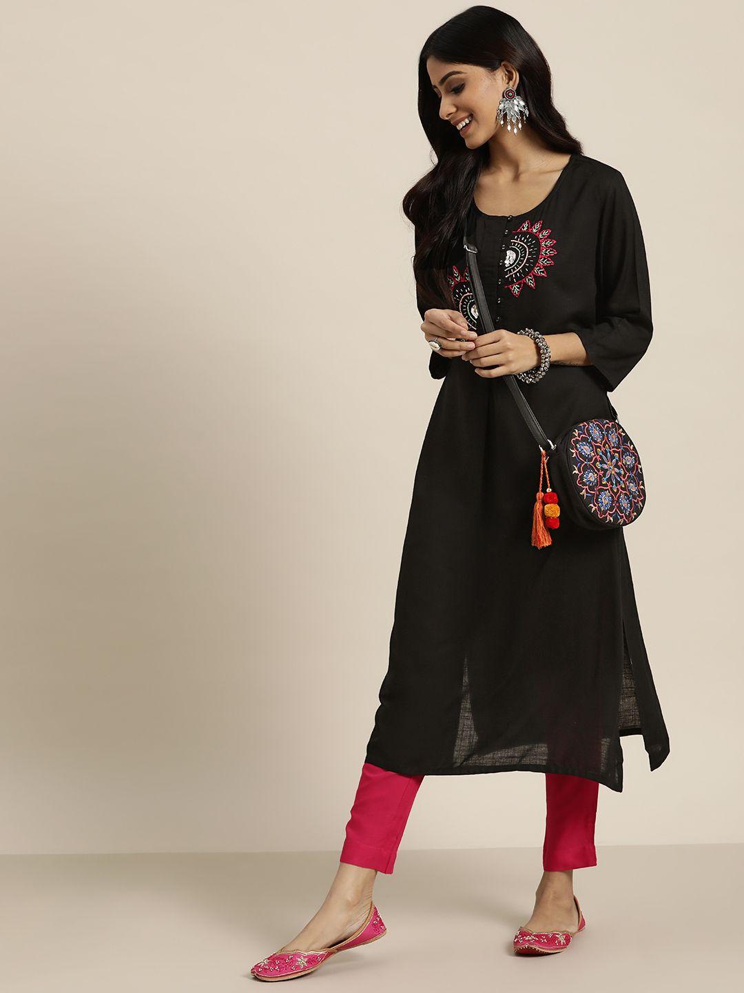 sangria women black & pink ethnic motifs embellished kurta