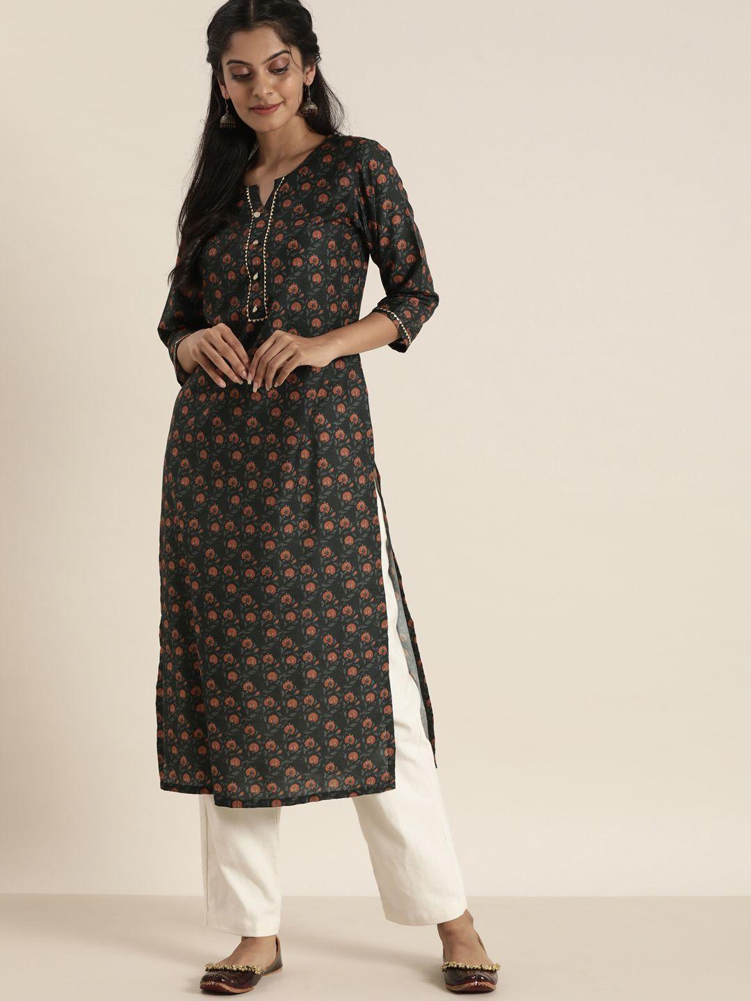 sangria women black & red floral printed gotta patti kurta