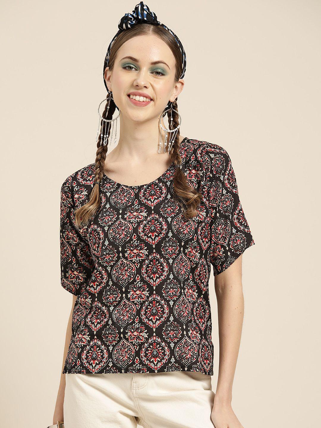 sangria women black & red printed pure cotton top