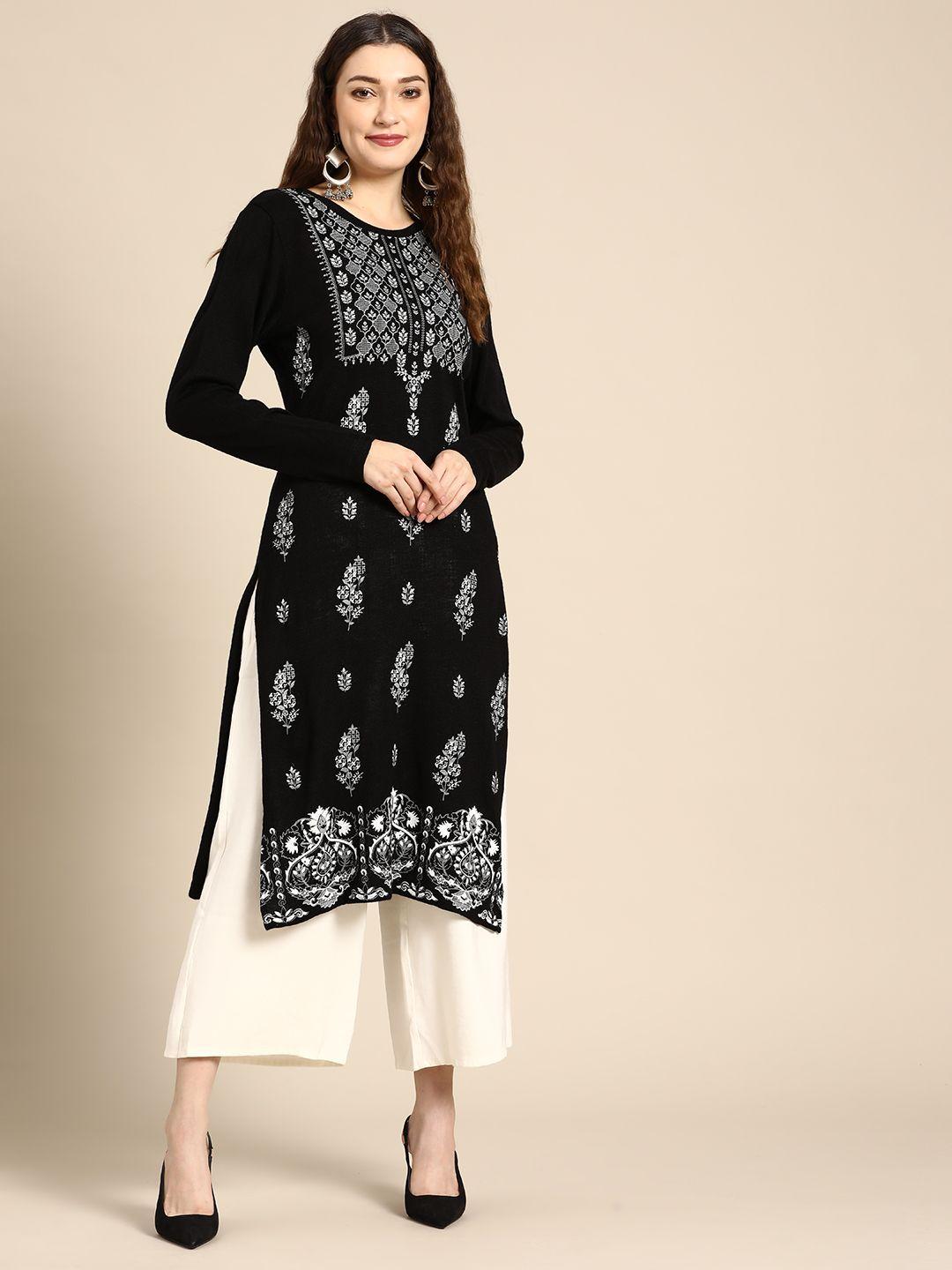 sangria women black & white acrylic ethnic motifs printed winter kurta