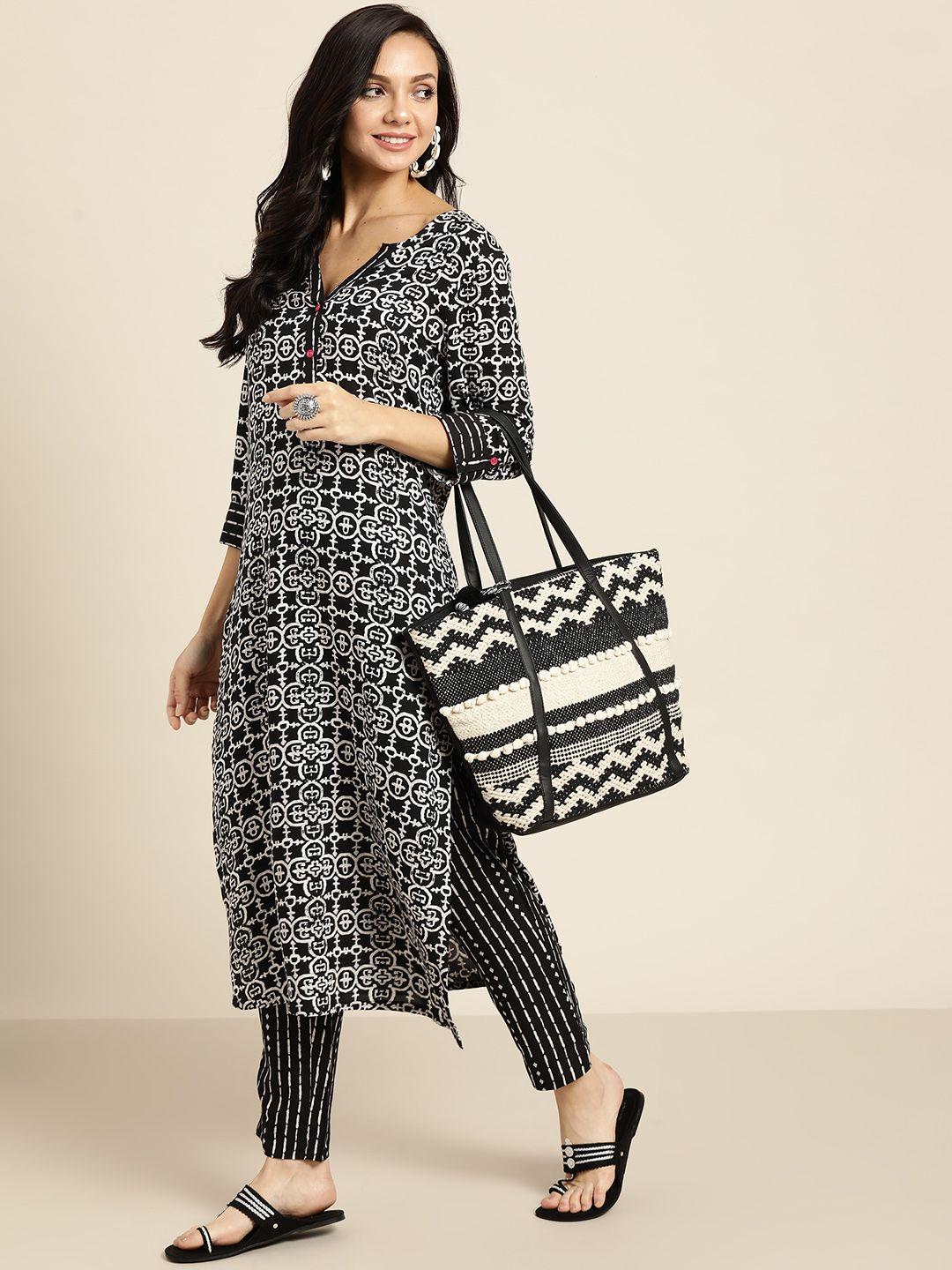 sangria women black & white ethnic motifs printed kurta with trousers