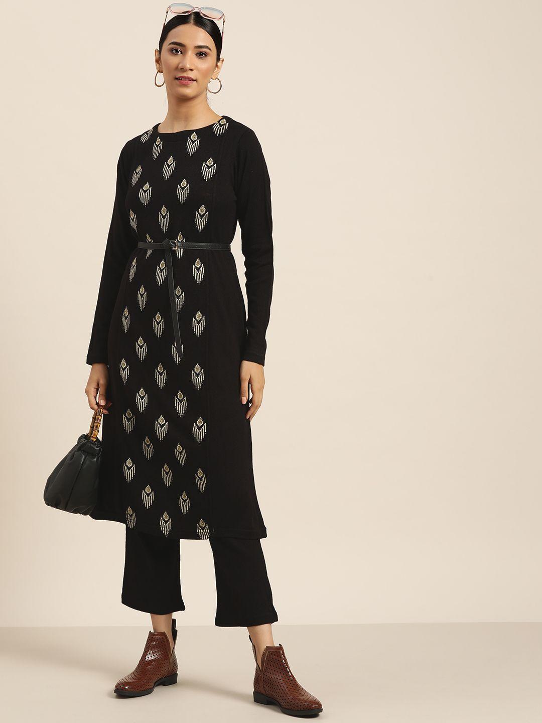 sangria women black & white printed winter kurta with trousers