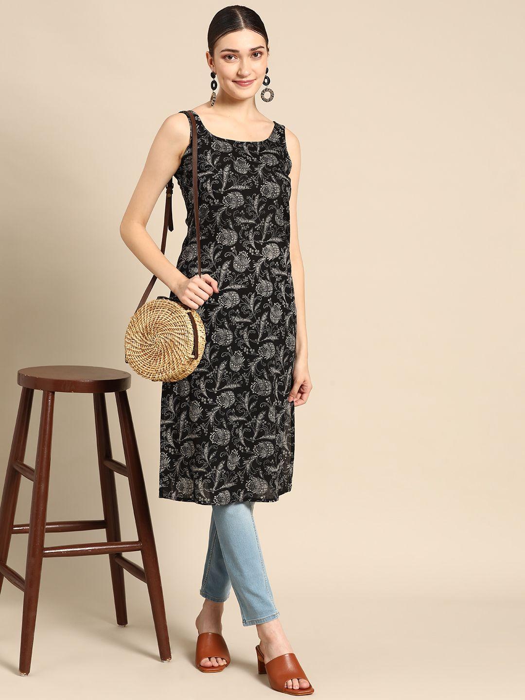 sangria women black & white pure cotton ethnic motifs printed sleeveless kurta