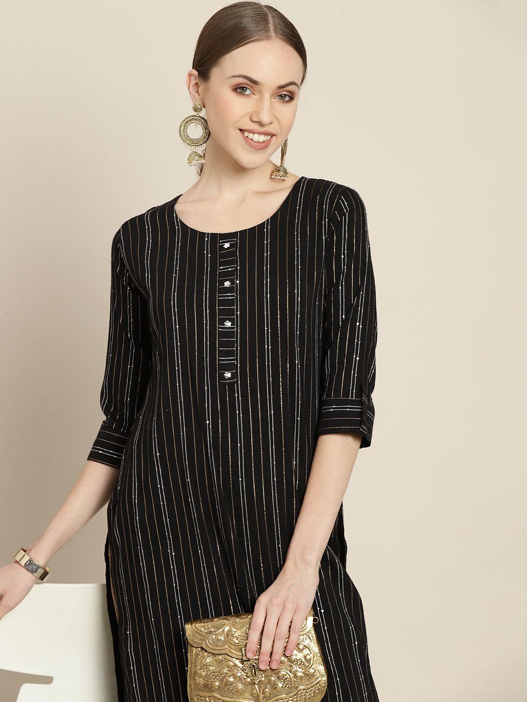 sangria women black & white striped sequin detail kurta