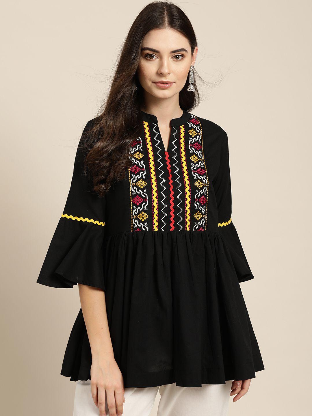 sangria women black & yellow pure cotton embroidered yoke design a-line top