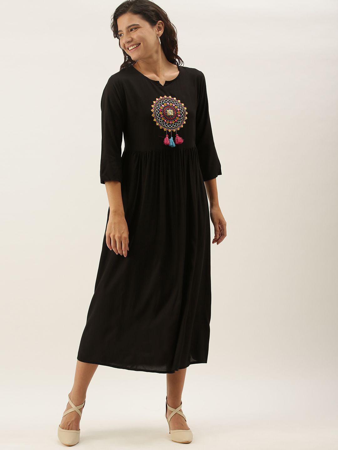 sangria women black embroidered a-line dress with gathers