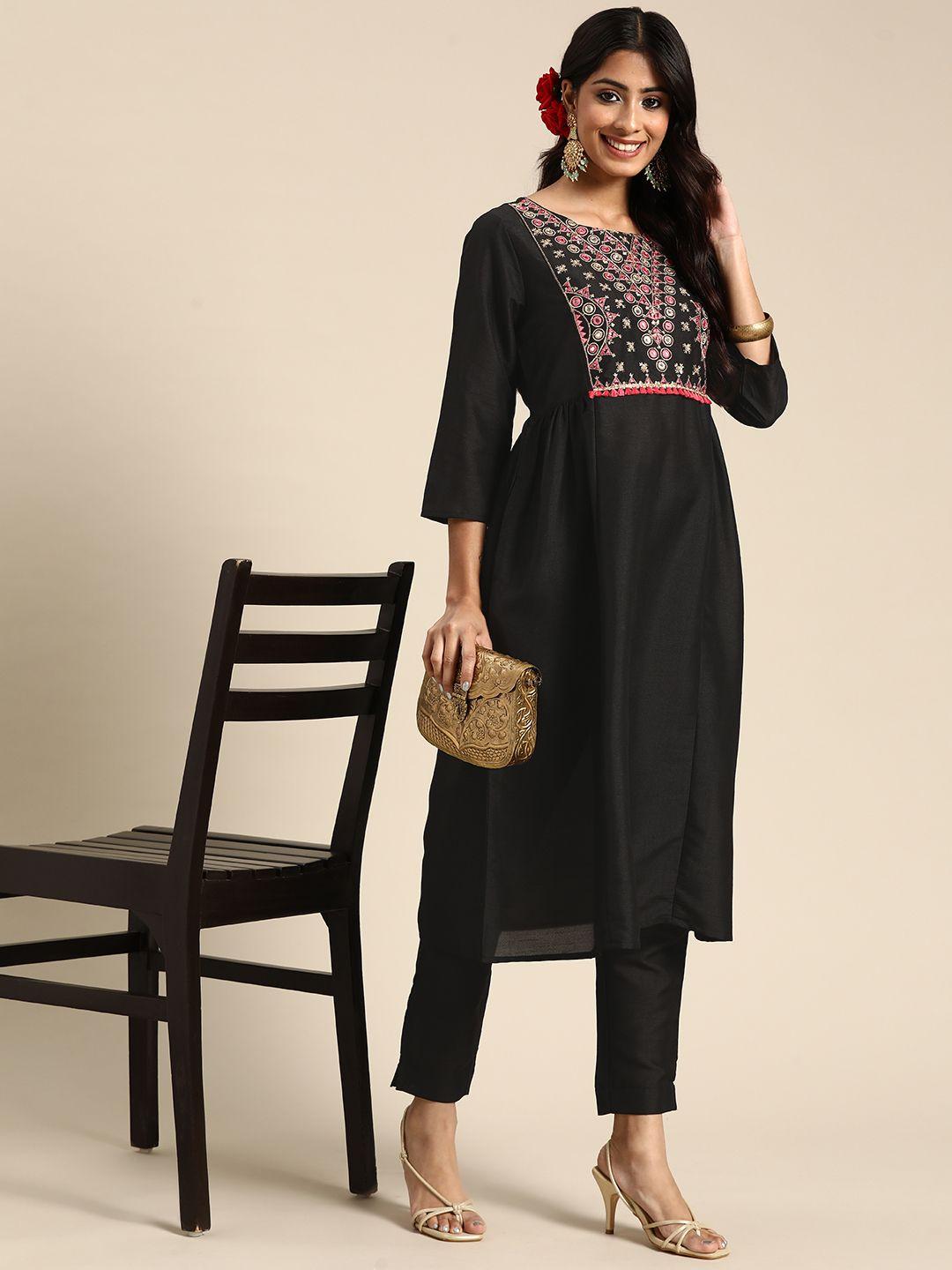 sangria women black ethnic motifs embroidered mirror work kurti with trousers