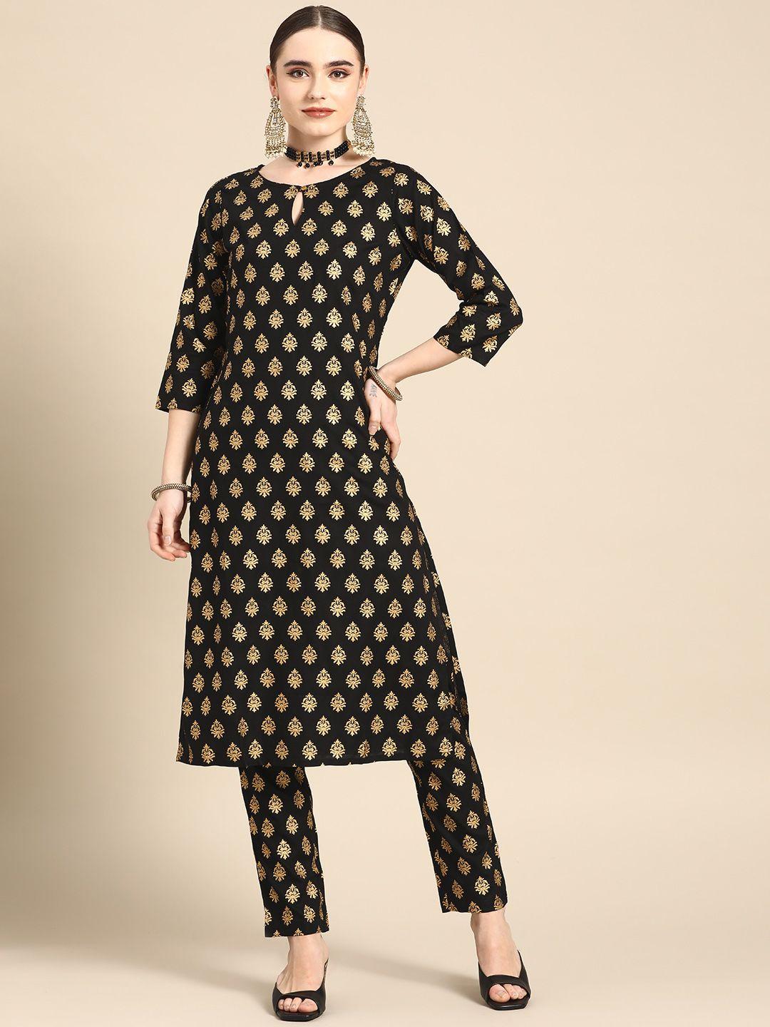 sangria women black ethnic motifs printed kurta with trousers