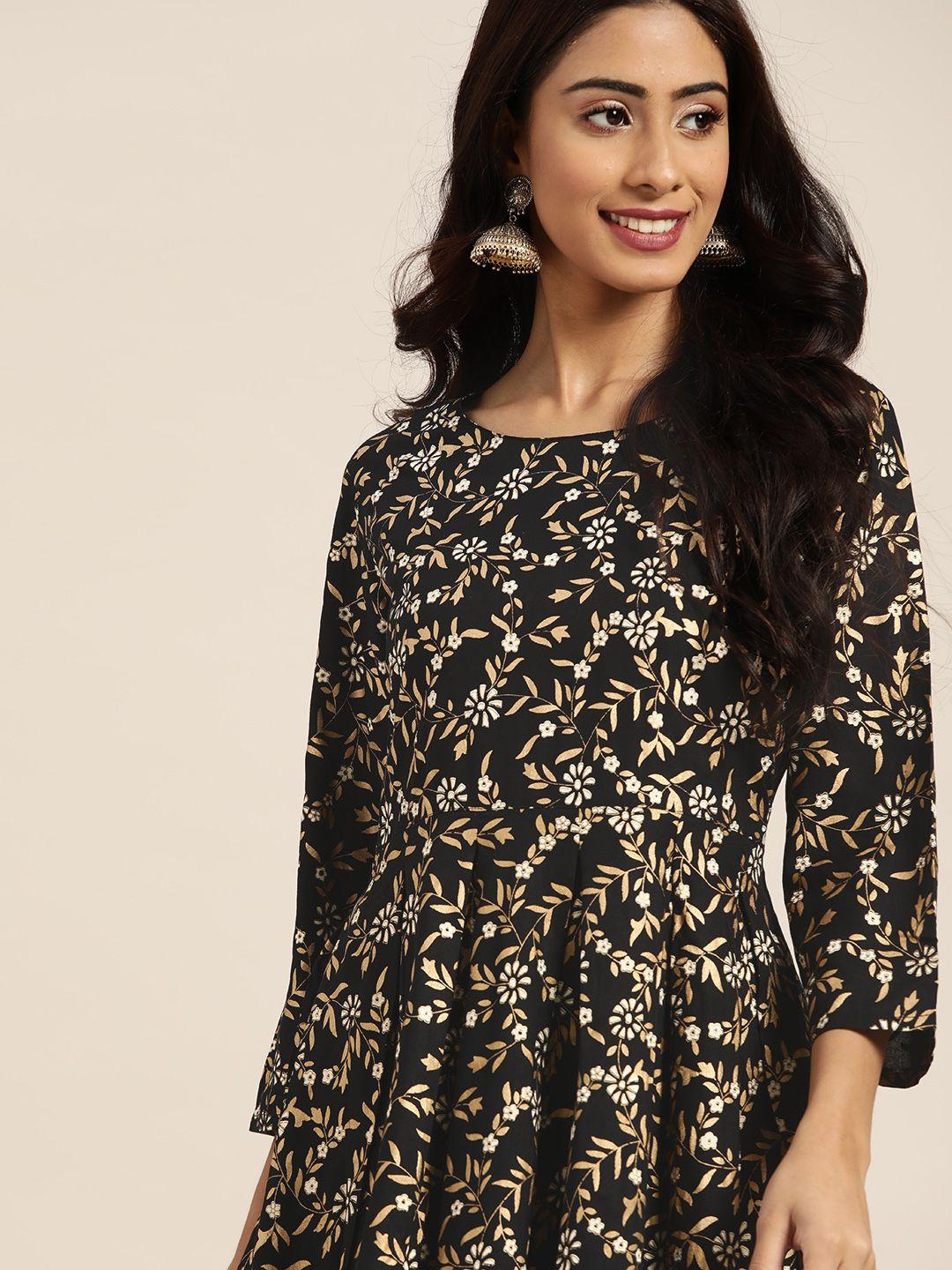 sangria women black ethnic motifs printed pleated kurta with palazzos