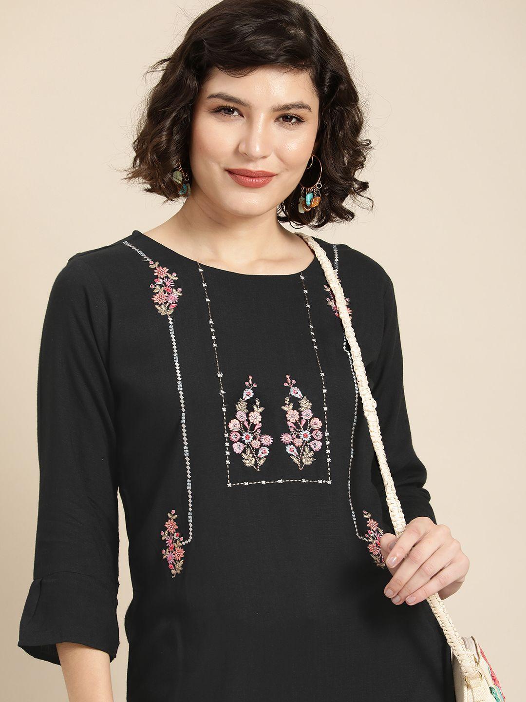 sangria women black floral embroidered longline ethnic top