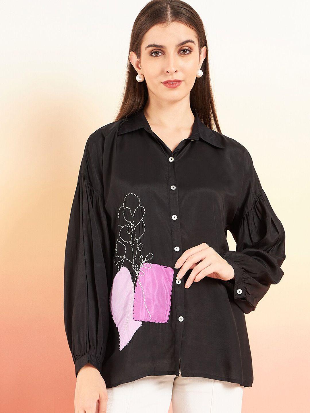 sangria women black floral opaque casual shirt