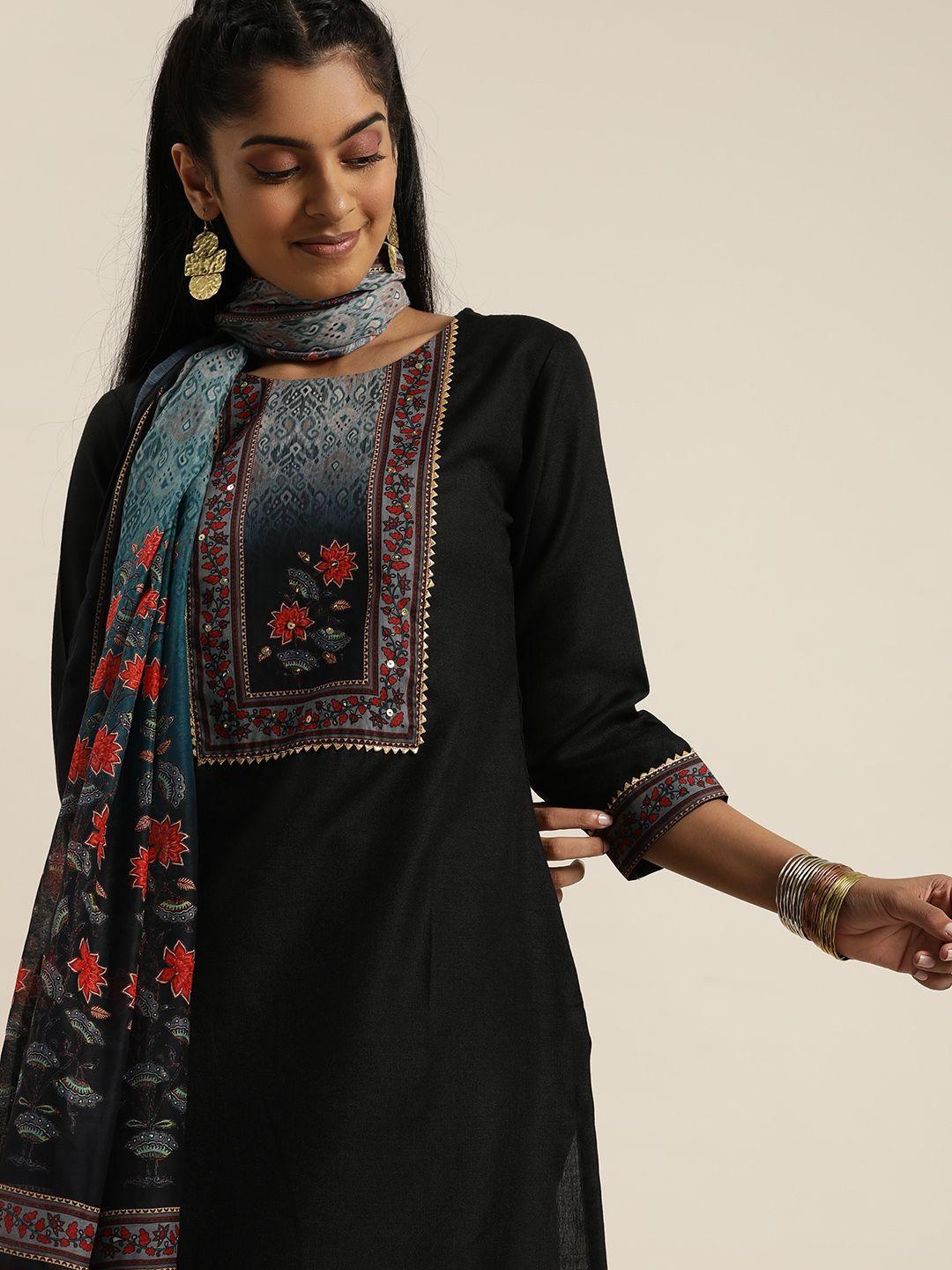 sangria women black floral yoke design regular gotta patti kurta with trousers & with dupatta