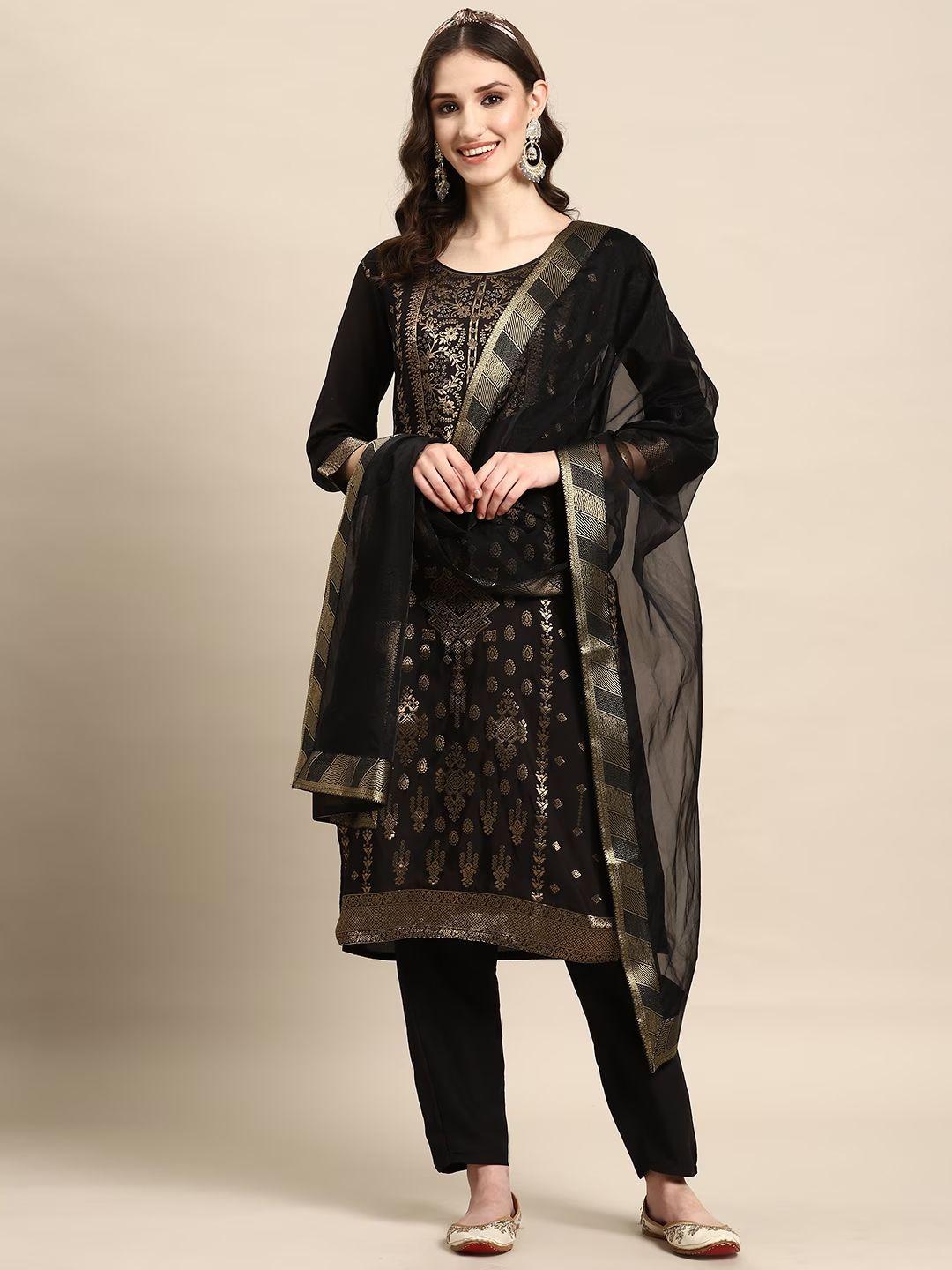 sangria women black floral yoke design regular kurta with trousers & with dupatta