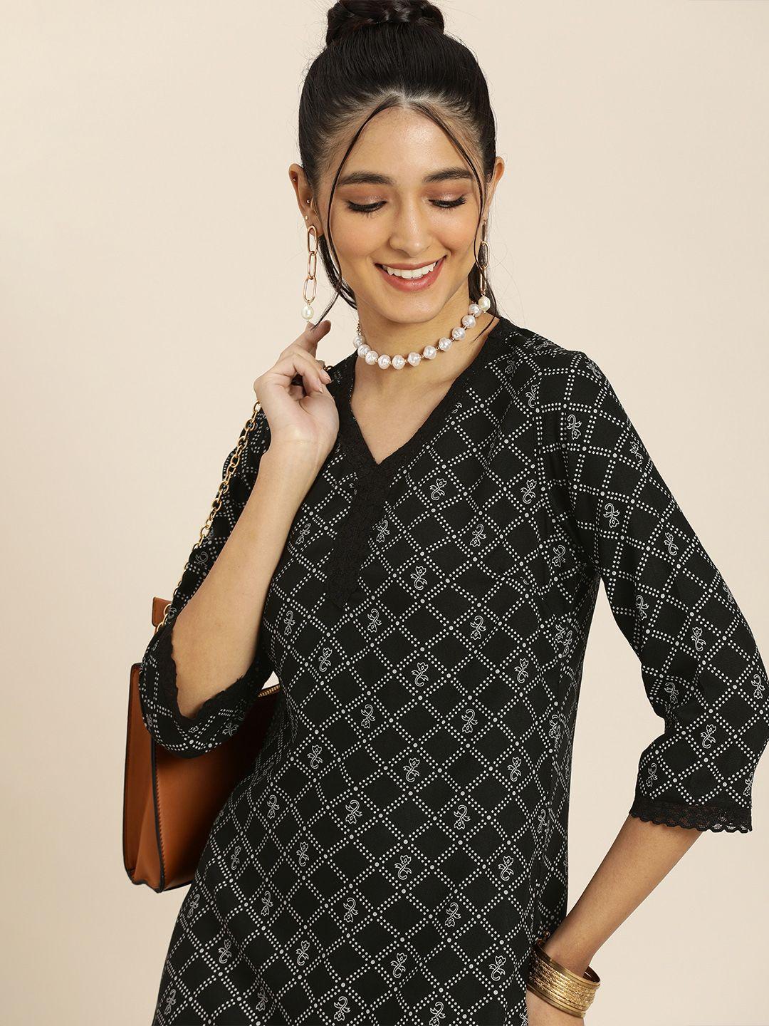 sangria women black geometric printed kurta with trousers