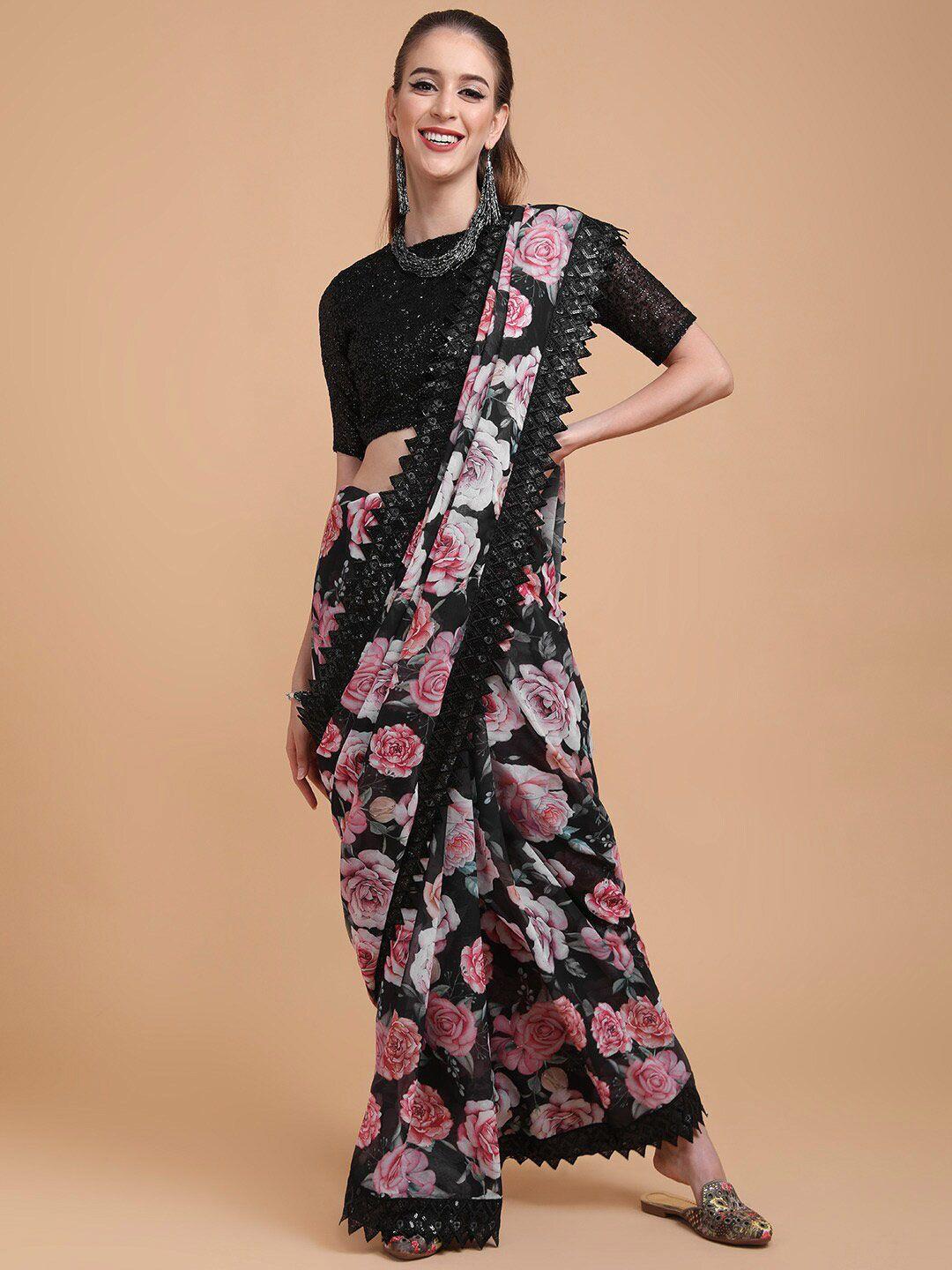sangria women black georgette floral schiffli lace embroidered celebrity sarees