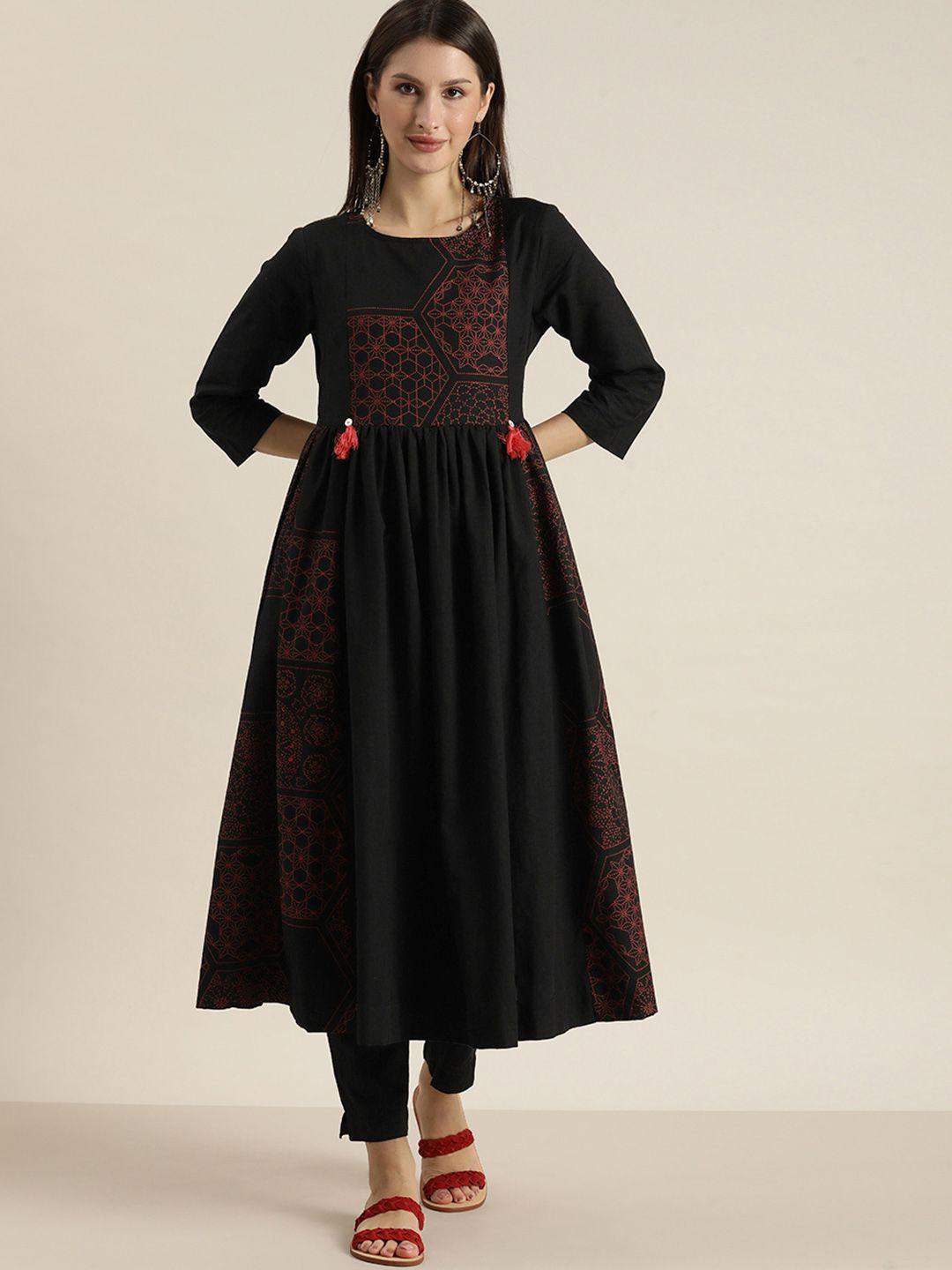 sangria women black printed empire pure cotton kurta with trousers