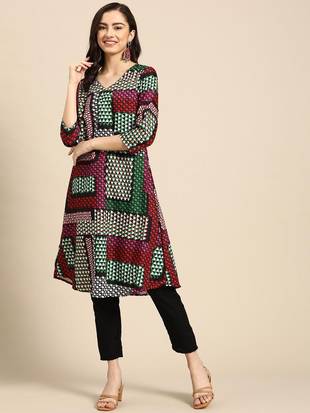 sangria women black printed kurta with trousers