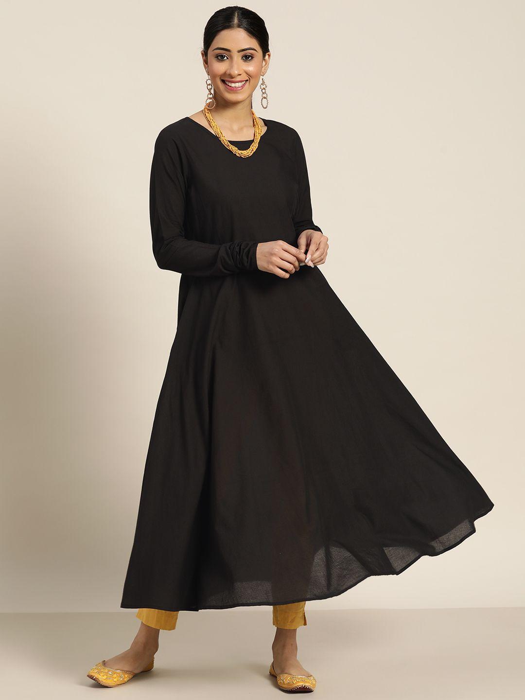 sangria women black pure cotton solid anarkali kurta