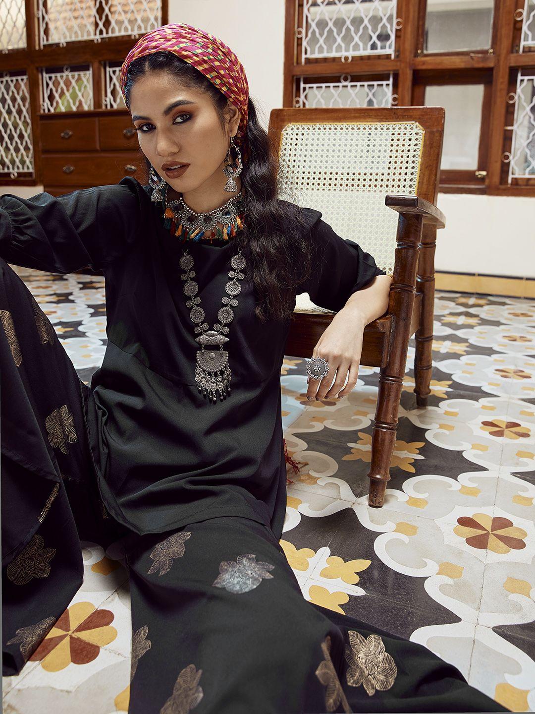 sangria women black tunic with printed palazzos