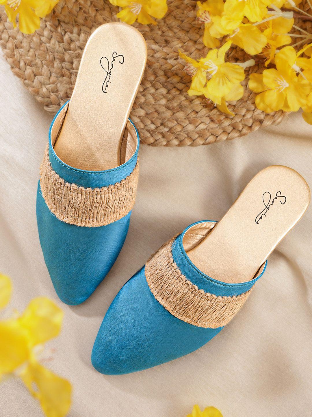 sangria women blue & beige solid mules