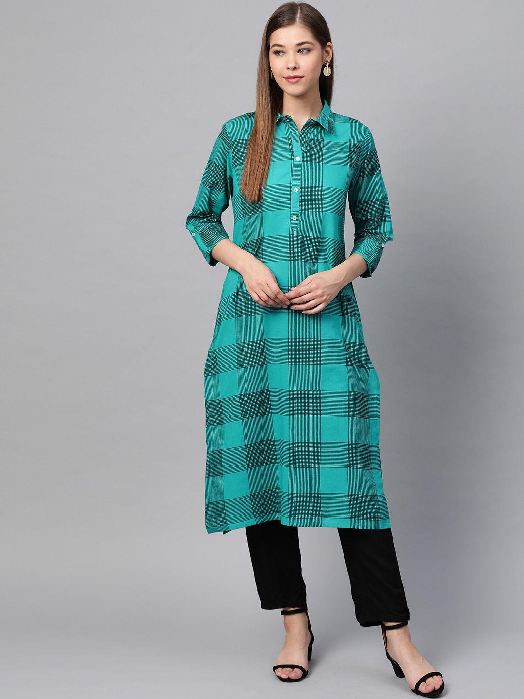 sangria women blue & black checked straight kurta