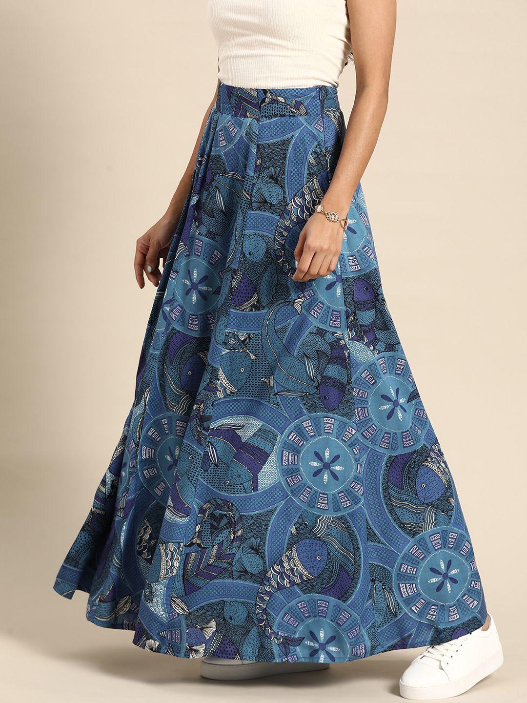 sangria women blue & black ethnic motif print flared maxi skirt