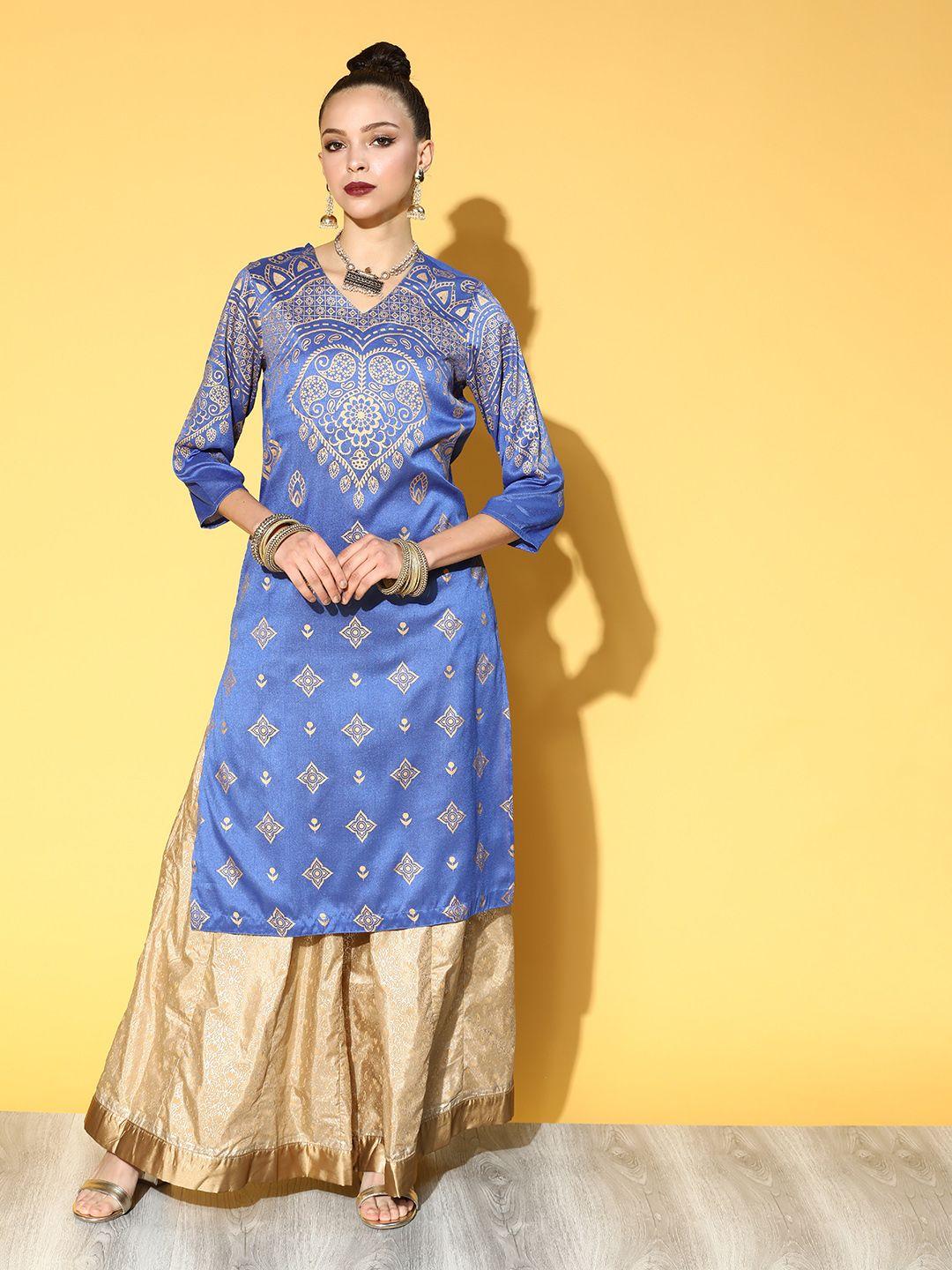 sangria women blue & golden ethnic motifs printed kurta