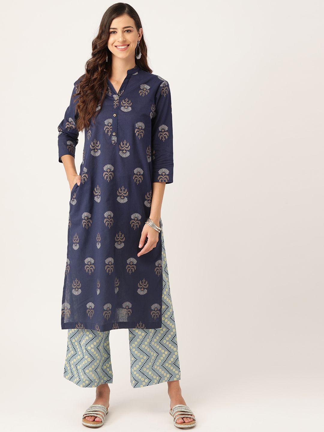 sangria women blue & golden ethnic motifs printed pure cotton kurta with palazzos