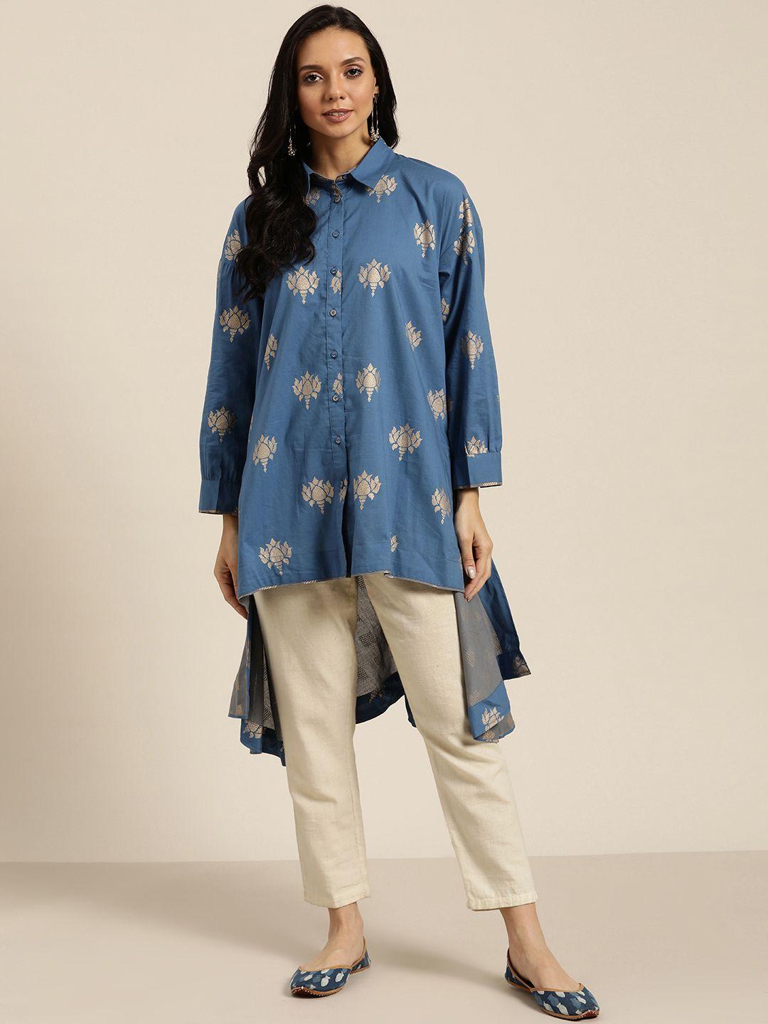 sangria women blue & golden printed shirt style high low pure cotton top