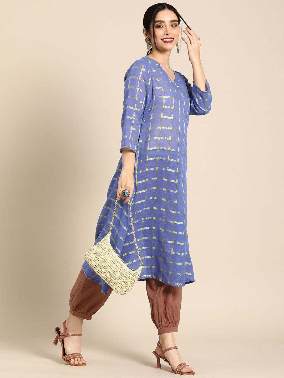 sangria women blue & golden pure cotton kurta