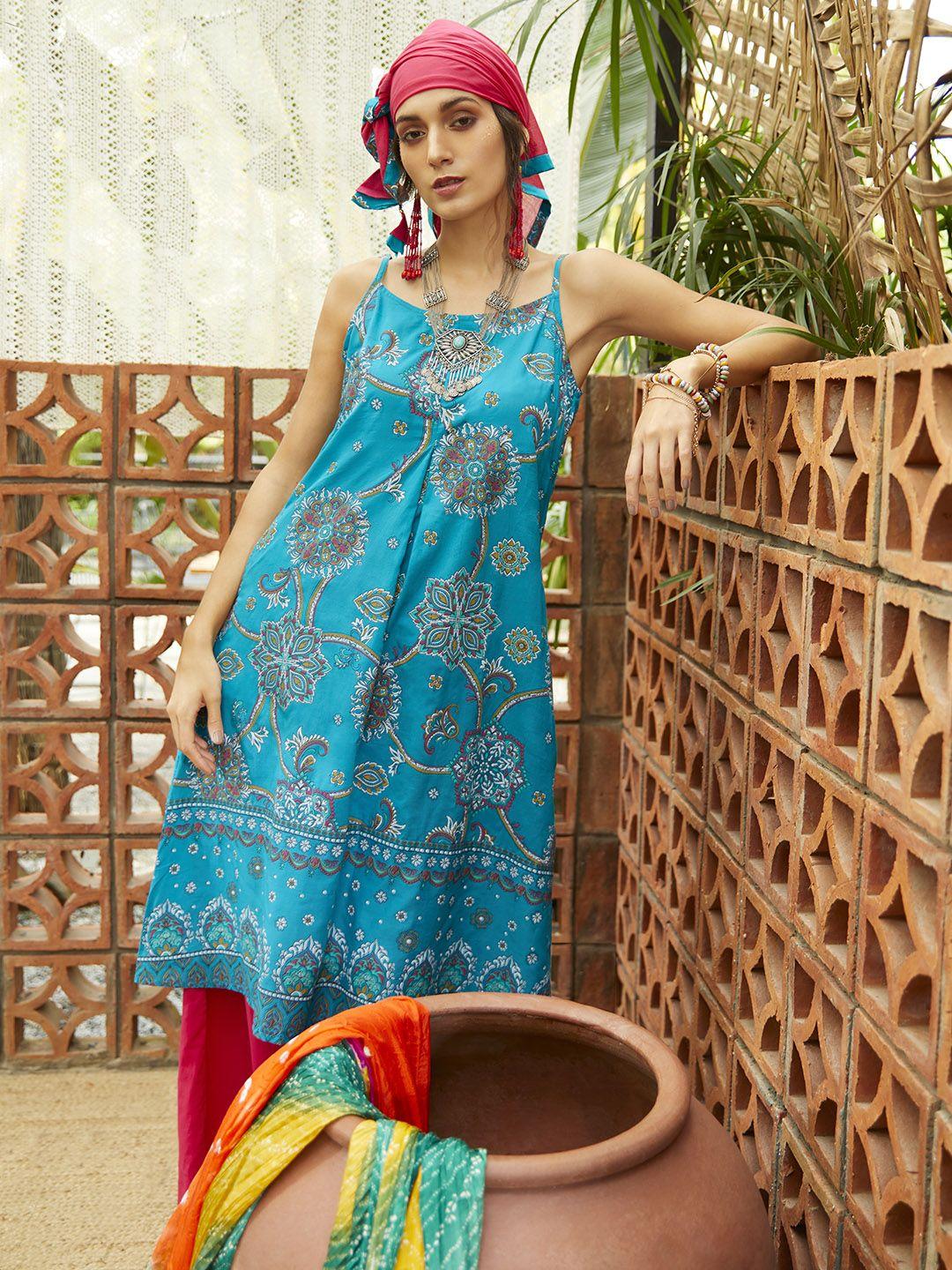 sangria women blue & pink ethnic motifs printed kurta with palazzos & dupatta