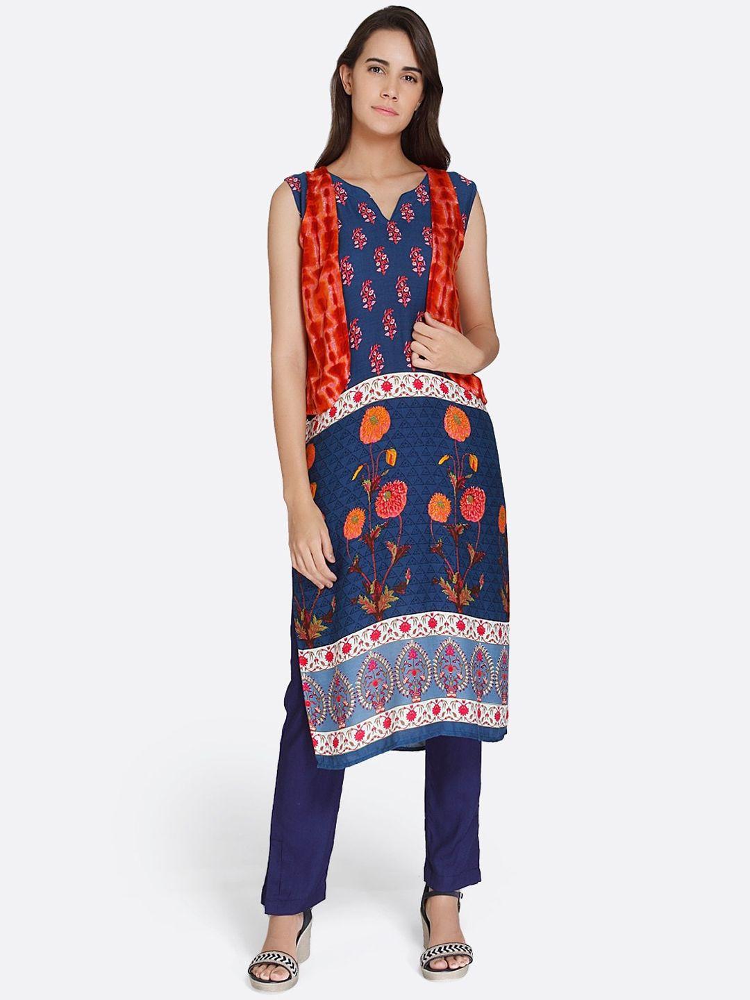 sangria women blue & red floral printed kurta with jacket