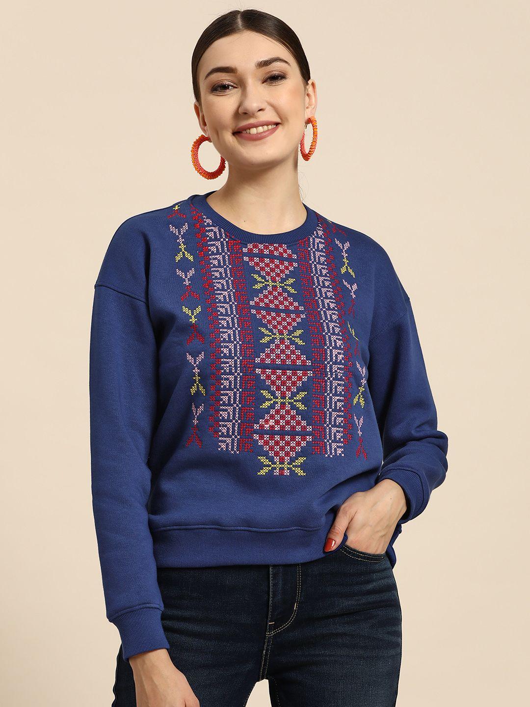 sangria women blue & red geometric embroidered sweatshirt
