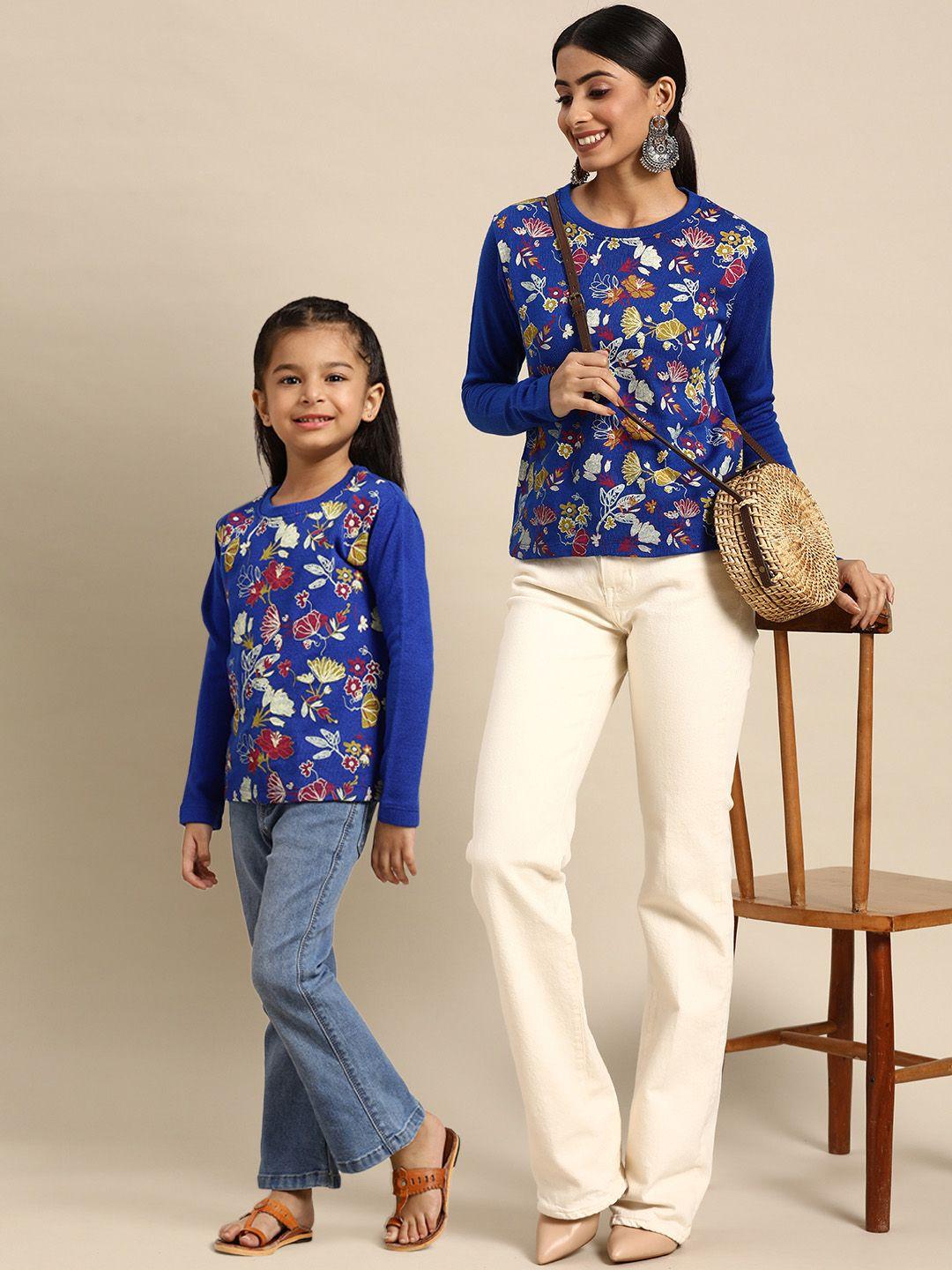 sangria women blue & white acrylic floral printed pullover