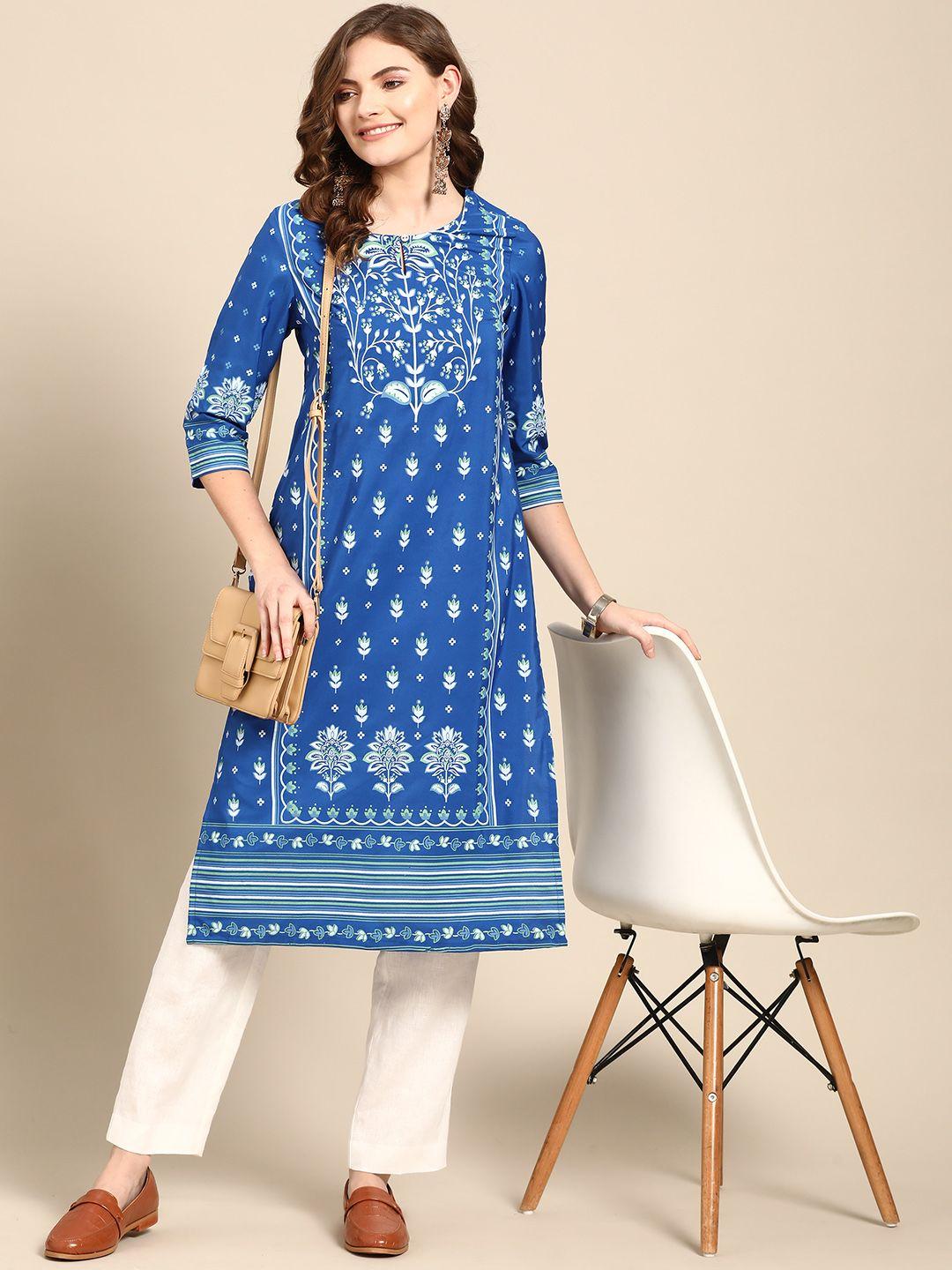 sangria women blue & white ethnic motifs printed kurta