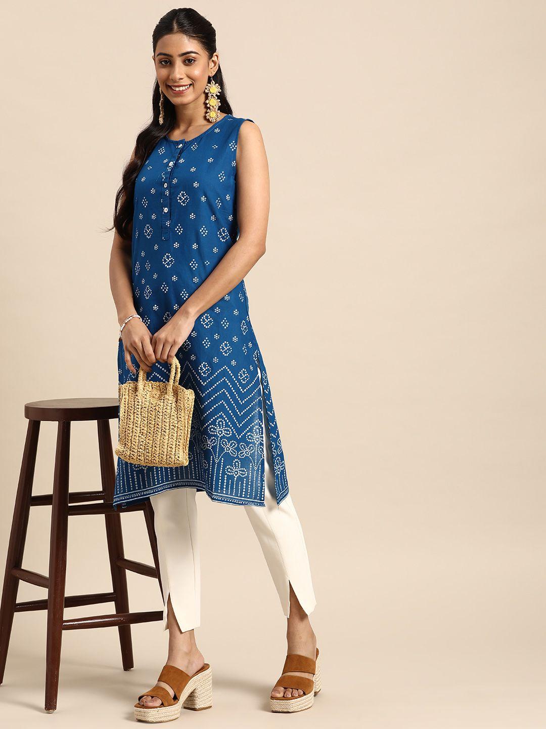 sangria women blue & white pure cotton bandhani printed kurta