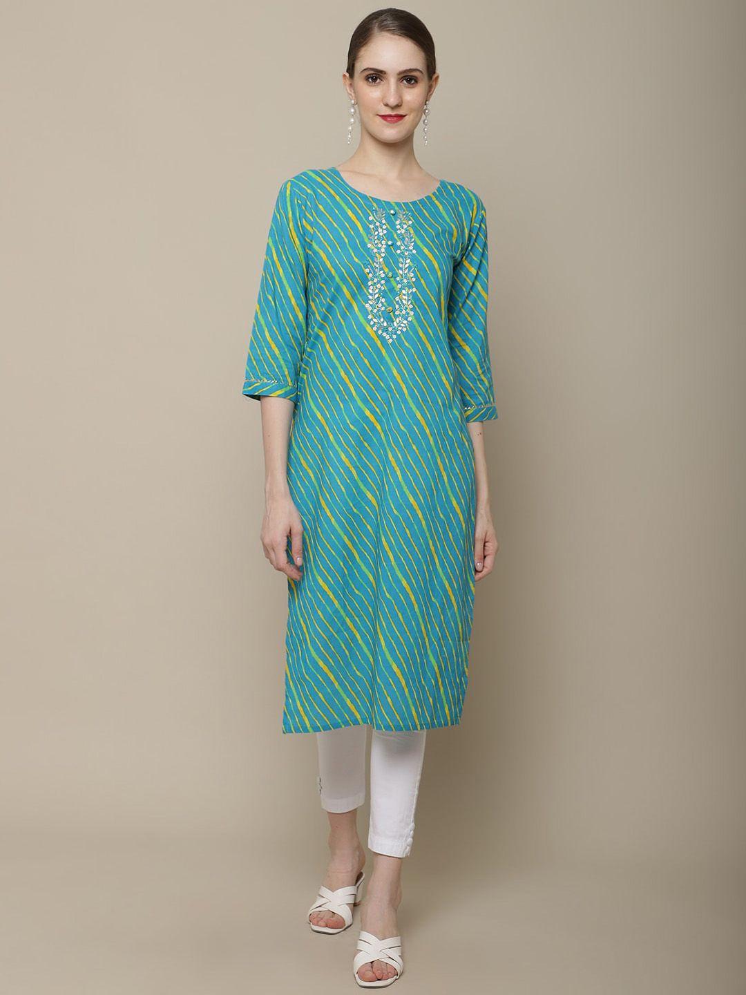 sangria women blue & yellow leheriya dyed thread work kurta