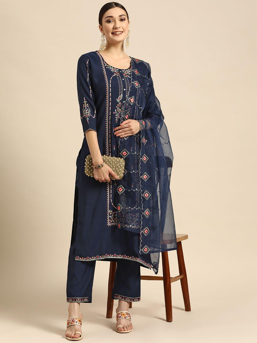 sangria women blue ethnic motifs embroidered kurta with trousers & with dupatta